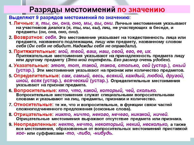 Разряды местоимений по значению Выделяют 9 разрядов местоимений по значению: 1. Личные: я, ты,